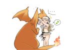 1girl 1other artist_request bikini charizard creatures_(company) dragon female_my_unit_(fire_emblem_if) fire_emblem fire_emblem_heroes fire_emblem_if flower flower_collar game_freak gen_1_pokemon hairband highres intelligent_systems mamkute my_unit_(fire_emblem_if) navel nintendo pointy_ears pokemon pokemon_(creature) pokemon_(game) pokemon_rgby summer super_smash_bros. super_smash_bros._ultimate super_smash_bros_for_wii_u_and_3ds swimsuit white_background white_hair 