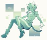  1girl :d ahoge animal_ears bangs belt blush boots cat_ears cat_tail character_name gerat green green_eyes looking_at_viewer monochrome nein_(album) open_mouth shishiyon short_hair smile solo sound_horizon tail twitter_username 