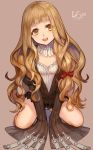  1girl :d blonde_hair hair_ribbon head_tilt highres kneeling lf_(paro) little_red_riding_hood_(sinoalice) long_hair looking_at_viewer open_mouth ribbon simple_background sinoalice sleeves_past_wrists smile solo yellow_eyes 