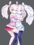  2girls :&lt; absurdres alternate_costume animal_ears azur_lane bangs bare_shoulders between_legs black_legwear brown_eyes closed_mouth dual_persona eyebrows_visible_through_hair fur-trimmed_jacket fur_trim gloves greentree grey_background hair_between_eyes hair_ornament hairband highres hug jacket laffey_(azur_lane) long_hair long_sleeves looking_at_viewer looking_to_the_side lying multiple_girls off_shoulder on_back on_side one_eye_closed pantyhose parted_lips pillow pink_jacket pleated_skirt pocket rabbit_ears red_hairband red_skirt shirt short_shorts shorts sidelocks silver_hair simple_background skirt sleeveless sleeveless_shirt sleeves_past_fingers sleeves_past_wrists thigh-highs triangle_mouth twintails upper_teeth very_long_hair white_gloves white_legwear white_shirt white_shorts 