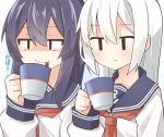  2girls akatsuki_(kantai_collection) anchor_symbol bangs black_hair blue_background blush brown_neckwear closed_mouth cup eyebrows_visible_through_hair hair_between_eyes hibiki_(kantai_collection) holding holding_cup kantai_collection long_hair long_sleeves looking_at_viewer multiple_girls neckerchief no_hat no_headwear rateratte school_uniform serafuku shaded_face shirt sidelocks silver_hair smile steam translation_request two-tone_background very_long_hair white_background white_shirt 