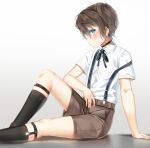  1boy arm_support bangs black_choker black_ribbon blue_eyes blush brown_hair brown_shorts choker closed_mouth collarbone collared_shirt dress_shirt feet_out_of_frame from_side glint gradient gradient_background grey_background greyscale hachinatsu highres knee_up kneehighs looking_at_viewer looking_to_the_side male_focus mole mole_under_eye monochrome neck_ribbon original ribbon shirt short_sleeves shorts side_glance solo suspender_shorts suspenders suspenders_slip white_shirt wing_collar 