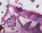  1girl blue_ribbon blurry book cape coat collar commentary_request dated frilled_collar frills grey_background hair_ribbon hat hat_ribbon holding holding_book ice_(aitsugai) long_hair long_sleeves mob_cap parted_lips patchouli_knowledge purple_hair red_ribbon ribbon solo striped touhou twitter_username upper_body vertical_stripes very_long_hair violet_eyes 