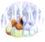  alternate_color closed_eyes commentary commentary_request creature eevee gen_1_pokemon ibui_matsumoto no_humans pokemon pokemon_(creature) shiny_pokemon snow tree violet_eyes winter 