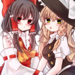  2girls :o annoyed ascot bare_shoulders black_hair blonde_hair blouse blush bow braid breasts buttons green_eyes hair_bow hair_tubes hand_holding hat hat_bow jitome large_bow long_hair looking_at_viewer medium_breasts multiple_girls puffy_short_sleeves puffy_sleeves red_eyes ribbon-trimmed_sleeves ribbon_trim shimashiro_itsuki short_sleeves side_braid single_braid skirt skirt_set straight_hair touhou wavy_hair witch_hat yellow_neckwear 