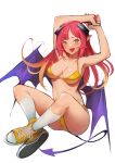  1girl :d armpits arms_up bikini blonde_hair blush breasts cleavage collarbone colored_eyelashes crossed_ankles demon_girl demon_horns demon_tail demon_wings doushimasho fangs full_body gradient_hair highres horns kneehighs knees_up looking_at_viewer medium_breasts multicolored_hair nail_polish open_mouth orange_eyes own_hands_together pink_hair pink_nails pointy_ears purple_wings shoes simple_background sitting smile sneakers solo swimsuit tail thighs white_background white_legwear wings yellow_bikini yellow_footwear 