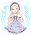  1girl abigail_williams_(fate/grand_order) alternate_costume arms_behind_back bangs black_hat blonde_hair blue_bow blue_dress blush bow brown_eyes closed_mouth commentary_request dress eyebrows_visible_through_hair fate/grand_order fate_(series) forehead hair_bow hat head_tilt highres long_hair looking_at_viewer parted_bangs short_sleeves smile solo tsukima_chiko very_long_hair white_background white_bow 