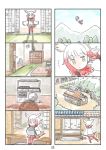  1girl 4koma bangs blunt_bangs cassette_player comic flying head_wings highres house japanese_crested_ibis_(kemono_friends) kemono_friends multicolored_hair multiple_4koma murakami_rei page_number redhead silent_comic solo white_hair yellow_eyes 
