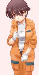  1girl bangs brown_eyes brown_hair closed_mouth commentary cowboy_shot eyebrows_visible_through_hair girls_und_panzer gloves head_tilt long_sleeves looking_at_viewer mechanic nakajima_(girls_und_panzer) orange_jumpsuit pink_background shirt short_hair simple_background sleeves_rolled_up smile solo standing unzipping uona_telepin white_gloves white_shirt 