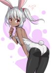  1girl animal_ears ass bunny_girl bunny_tail bunnysuit dark_skin eyebrows_visible_through_hair flying_sweatdrops freckles grey_hair hand_up light_blush looking_at_viewer looking_back original purple_background rabbit_ears saiste silver_hair tail tan tearing_up twintails white_background wrist_cuffs 