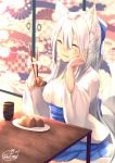  1girl :t ^_^ animal_ears bangs blue_bow blue_hakama blurry blurry_background blush bow breasts chita_(ketchup) chopsticks closed_eyes commentary_request cup depth_of_field eating eyebrows_visible_through_hair fang food fox_ears fox_girl fox_tail hair_between_eyes hair_bow hakama hand_on_own_cheek highres holding holding_chopsticks indoors japanese_clothes kimono large_breasts long_hair long_sleeves original parted_lips saucer short_kimono signature silver_hair solo tail thick_eyebrows very_long_hair white_kimono wide_sleeves 