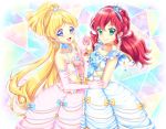  2girls aikatsu! aikatsu_friends! aqua_eyes asuka_mirai_(aikatsu_friends!) blonde_hair blue_bow blue_dress blush bow commentary crown dress elbow_gloves frilled_sleeves frills gloves grin hairband highres jewelry kamishiro_karen long_hair looking_at_viewer multiple_girls necklace open_mouth pink_dress ponytail redhead shirato_sayuri smile strapless strapless_dress tiara twintails violet_eyes wrist_cuffs yellow_bow 