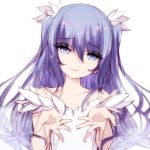  1girl absurdres bangs blue_eyes closed_mouth collarbone commentary eyebrows_visible_through_hair flower hair_between_eyes hair_flower hair_ornament highres long_hair looking_at_viewer misteor original purple_hair solo twintails white_background 