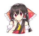  1girl ascot bangs bare_shoulders blouse blush bow cheunes chocolate_hair detached_sleeves drooping_headgear expressive_clothes fidgeting hair_bow hakurei_reimu half_updo head_tilt long_hair looking_at_viewer playing_with_own_hair red_eyes solo straight_hair sweatdrop touhou upper_body v-shaped_eyebrows wide-eyed yellow_neckwear 