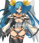  1girl 2344 absurdres asymmetrical_wings bangs bare_shoulders belt belt_buckle black_belt black_legwear black_panties black_wings blue_hair breasts buckle buttons cleavage closed_mouth collarbone detached_collar detached_sleeves dizzy eyebrows eyelashes feathers groin guilty_gear guilty_gear_xrd hair_between_eyes hair_ribbon highres large_breasts long_hair long_sleeves low_twintails panties red_eyes ribbon shirt sidelocks simple_background smile solo swept_bangs thigh-highs turtleneck twintails underwear white_background white_belt white_wings wide_sleeves wings yellow_ribbon 