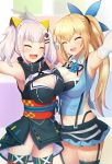  2girls :d ^_^ ^o^ absurdres animal_ears armpits arms_up asymmetrical_docking bangs black_bra black_dress black_legwear black_skirt blonde_hair blue_flower blue_ribbon blue_rose blue_vest blunt_bangs blurry blurry_background blush bra breast_press breasts cat_ears checkered cleavage closed_eyes cowboy_shot depth_of_field dress elbow_gloves facing_viewer fake_animal_ears flower garter_straps gloves groin hair_ornament hair_ribbon hairclip happy high_collar highres kaguya_luna kaguya_luna_(character) large_breasts long_hair miniskirt mirai_akari mirai_akari_project multicolored multicolored_background multiple_girls navel open_mouth petticoat pleated_skirt ponytail red_dress red_legwear ribbon rose round_teeth samoore sash shiny shiny_hair short_dress side_slit sidelocks silver_hair skirt sleeveless sleeveless_dress smile standing stomach suspender_skirt suspenders teeth thigh-highs twintails underwear v-shaped_eyebrows very_long_hair vest virtual_youtuber white_gloves wing_collar 