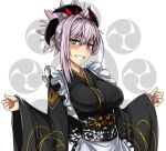  1girl alternate_costume apron black_kimono blue_eyes blush commentary_request enmaided eyebrows_visible_through_hair fate/grand_order fate_(series) grey_hair hair_ornament japanese_clothes kimono long_hair looking_at_viewer maid mitsudomoe_(shape) miyamoto_musashi_(fate/grand_order) obi parted_lips sanmotogoroo sash simple_background smile solo tomoe_(symbol) upper_body wa_maid waist_apron white_background wide_sleeves 