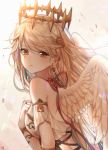  1girl angel_wings bangs bare_shoulders blonde_hair brown_eyes closed_mouth commentary crown dress earrings eyebrows_visible_through_hair feathered_wings hair_between_eyes hair_ornament hand_on_own_chest jewelry long_hair looking_at_viewer looking_to_the_side moffle_(ayabi) original red_ribbon ribbon sleeveless sleeveless_dress solo very_long_hair white_dress white_wings wings 