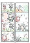 2girls 4koma bangs blunt_bangs cerulean_(kemono_friends) character_request comic gloom_(expression) head_wings highres japanese_crested_ibis_(kemono_friends) kemono_friends multicolored_hair multiple_4koma multiple_girls murakami_rei music musical_note page_number pier redhead silent_comic singing sitting thumbs_up white_hair yellow_eyes 