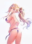  1girl ass bangs bare_shoulders bikini blonde_hair blue_eyes blush breasts diadem eyebrows_visible_through_hair flower granblue_fantasy hair_between_eyes hair_flower hair_ornament hair_ribbon head_tilt highres hips jeanne_d&#039;arc_(granblue_fantasy) large_breasts long_hair looking_at_viewer looking_to_the_side ponytail purple_bikini ribbon rorona_s. side-tie_bikini smile solo swimsuit thighs 