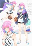 1girl ball bangs bare_shoulders basketball basketball_jersey black_bra black_shorts blue_eyes blush bra bra_peek breasts character_name closed_mouth clothes_pull collarbone duffle_bag eyebrows_visible_through_hair floating_hair girls_frontline hair_between_eyes hair_ornament half-closed_eyes hand_in_pocket highres holding holding_ball jacket ladic long_hair looking_at_viewer multicolored_hair multiple_views nike no_socks one_side_up open_mouth pink_hair running short_shorts shorts side_ponytail sidelocks simple_background small_breasts solo st_ar-15_(girls_frontline) strap sweat sweatdrop thighs underwear white_background wristband 