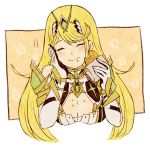  1girl asozan_(cocomil) blonde_hair blush breasts cleavage closed_eyes dress food gloves mythra_(xenoblade) jewelry large_breasts long_hair simple_background smile solo xenoblade xenoblade_2 