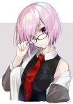  black-framed_eyewear breasts eyes_visible_through_hair fate/grand_order fate_(series) glasses hair_over_one_eye highres lavender_hair looking_at_viewer mash_kyrielight purple_hair short_hair utayoi_(umakatare) violet_eyes 