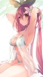  1girl armpits arms_up bikini breasts cosplay flower granblue_fantasy hair_flower hair_ornament jeanne_d&#039;arc_(granblue_fantasy) jeanne_d&#039;arc_(granblue_fantasy)_(cosplay) large_breasts long_hair mizuno_(suisuiw) pink_hair plant_girl shadow sitting solo swimsuit twitter_username yellow_eyes yggdrasil_(granblue_fantasy) 