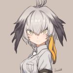  1girl artist_name bird_wings breast_pocket closed_mouth collared_shirt expressionless feathered_wings green_eyes grey_hair grey_shirt hair_between_eyes head_wings ivan_wang kemono_friends looking_at_viewer low_ponytail multicolored_hair necktie pocket shirt shoebill_(kemono_friends) short_sleeves solo staring white_neckwear wings 