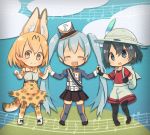  3girls :d ^_^ backpack bag black_hair black_legwear black_skirt blonde_hair blue_eyes blue_hair bow bowtie chibi closed_eyes crossover doremifa_rondo_(vocaloid) extra_ears hair_between_eyes hand_holding hat hat_feather hatsune_miku high-waist_skirt highres kaban_(kemono_friends) kemono_friends long_hair looking_at_viewer mini_hat mini_top_hat multiple_girls musical_note open_mouth pantyhose pantyhose_under_shorts pleated_skirt print_bow print_legwear print_neckwear print_skirt red_shirt serval_(kemono_friends) serval_print serval_tail shirt short_hair shorts skirt smile tail thigh-highs top_hat twintails very_long_hair vocaloid white_hat yellow_eyes yutsu 