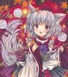  1girl :d animal_ear_fluff animal_ears bare_shoulders black_skirt bow bowtie breasts detached_sleeves eyebrows_visible_through_hair fang glowing grey_tail hat head_tilt inubashiri_momiji marker_(medium) medium_hair open_mouth pom_pom_(clothes) print_skirt red-eyes_macadamiachoco red_background red_bow red_bowtie red_headwear red_ribbon red_theme ribbon ribbon-trimmed_sleeves ribbon_trim rui_(sugar3) sample shiny shiny_hair shirt silver_hair skirt sleeveless sleeveless_shirt small_breasts smile solo tail tokin_hat touhou traditional_media white_shirt wide_sleeves wolf_ears wolf_tail 