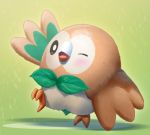  ;d beak bird black_eyes blush bright_pupils gen_7_pokemon gradient gradient_background green_background leaf leg_up looking_at_viewer mikomiko_(mikomikosu) no_humans one_eye_closed open_mouth owl pokemon pokemon_(creature) rowlet shadow smile standing standing_on_one_leg talons 