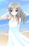  1girl arm_behind_back bare_shoulders beach blue_eyes blue_sky blush burn_scar clouds collarbone commentary day dorei_to_no_seikatsu_~teaching_feeling~ dress grey_hair hand_in_hair highres long_hair looking_at_viewer md5_mismatch ocean outdoors revision robu_(ms08bb) scar sky smile solo sundress sylvie_(dorei_to_no_seikatsu) white_dress 