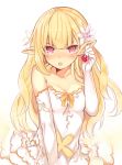  1girl :o arm_up bangs bare_shoulders blonde_hair blush breasts collarbone dress earrings flower hair_flower hair_ornament heart heart_earrings jewelry kurasuke long_hair looking_at_viewer open_mouth orange_ribbon original pink_eyes pink_flower pointy_ears ribbon small_breasts solo v-shaped_eyebrows very_long_hair white_background white_dress 