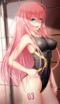  1girl adjusting_clothes adjusting_swimsuit aqua_eyes black_swimsuit breasts competition_swimsuit cowboy_shot erect_nipples geduan highleg highleg_swimsuit highres long_hair looking_at_viewer medium_breasts megurine_luka number one-piece_swimsuit open_mouth pink_hair solo standing swimsuit vocaloid 