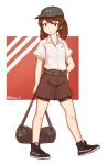  1girl bag brown_eyes brown_hair collarbone duffel_bag full_body hat highres jacy kantai_collection looking_at_viewer parted_lips ryuujou_(kantai_collection) shoes short_hair short_sleeves short_twintails sneakers solo twintails twitter_username under_armour 