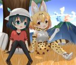  2girls :d animal_ears aqua_eyes backpack backpack_removed bag bangs bare_shoulders black_hair black_legwear blonde_hair blue_sky blush boots bow bowtie brown_eyes brown_footwear clouds commentary_request day elbow_gloves eyebrows_visible_through_hair gloves grass grey_shorts hair_between_eyes hat_feather helmet high-waist_skirt highres holding kaban_(kemono_friends) kemono_friends loafers multiple_girls open_mouth outdoors pantyhose paper_airplane pith_helmet print_gloves print_legwear print_neckwear print_skirt red_shirt sandstar serval_(kemono_friends) serval_ears serval_print serval_tail shin01571 shirt shoes short_shorts short_sleeves shorts sitting skirt sky sleeveless sleeveless_shirt smile striped_tail tail thigh-highs tree white_footwear white_shirt 