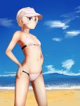  1girl beach bikini blonde_hair blue_eyes blue_sky breasts groin hands_on_hips jennifer_eto looking_to_the_side navel ocean seiken_manifestia short_hair sky small_breasts standing striped_hat swimsuit visor_cap white_bikini 