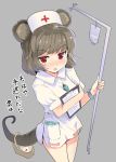 1girl alternate_costume animal_ears basket blush clipboard cowboy_shot dowsing_rod grey_background grey_hair hat holding jewelry looking_at_viewer mouse_ears mouse_tail nazrin nose_blush nurse nurse_cap parted_lips pendant puuakachan red_eyes short_sleeves simple_background solo standing tail touhou translation_request 