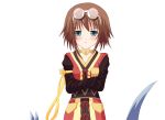  1girl blush brown_hair closed_mouth collarbone crossed_arms eyebrows_visible_through_hair goggles goggles_on_head green_eyes looking_at_viewer pouty_lips psyche3313 rita_mordio short_hair solo tales_of_(series) tales_of_vesperia upper_body 