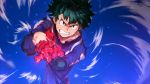  1boy angry blue_background boku_no_hero_academia clenched_teeth determined from_above glowing glowing_hand glowing_veins green_eyes green_hair highres mary_(marysan) midoriya_izuku short_hair solo teeth uniform 