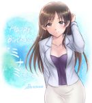  1girl blush breasts brown_eyes brown_hair character_name cleavage dated formal happy_birthday heart idolmaster idolmaster_cinderella_girls jewelry long_hair looking_at_viewer medium_breasts necklace nitta_minami shizuhime signature skirt_suit smile solo suit 