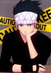  1boy artist_name awase_yousetsu black_hair boku_no_hero_academia caution_tape gloves green_eyes headband male_focus single_glove solo tonerukun watermark web_address 