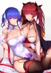  2girls ahoge azur_lane bangs bare_shoulders black_panties blue_hair blush breast_press breasts china_dress chinese_clothes choker cleavage commentary_request dress eyebrows_visible_through_hair floral_print garter_straps gloves hair_ribbon honolulu_(azur_lane) jacket_on_shoulders large_breasts long_hair looking_at_viewer multiple_girls panties pelvic_curtain red_eyes redhead ribbon saisarisu shiny shiny_hair shiny_skin simple_background sitting smile st._louis_(azur_lane) thigh-highs twintails underwear violet_eyes white_background white_gloves 