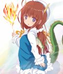  1girl ahoge bangs beret blue_dress blue_eyes blush brown_hair dragon_girl dragon_horns dragon_tail dragon_wings dress eyebrows_visible_through_hair fire green_wings hat highres hinatsuru_ai horns index_finger_raised katsuo9 long_hair long_sleeves looking_at_viewer looking_to_the_side low_twintails parted_lips ryuuou_no_oshigoto! sidelocks simple_background sleeves_past_wrists solo tail twintails upper_teeth v-shaped_eyebrows very_long_hair white_background white_hat wings 