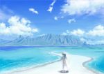  1girl barefoot bow clouds cloudy_sky day dress eyebrows_visible_through_hair from_behind green_hair hat hat_bow hat_ribbon long_hair looking_at_viewer mountain ocean original outdoors psyche3313 ribbon scenery sky solo summer sun_hat very_long_hair white_bow white_dress white_ribbon 