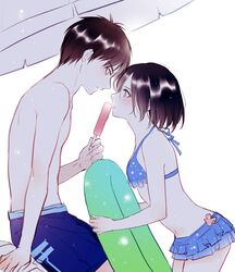  1boy 1girl bikini bikini_skirt black_hair blue_bikini couple eren_yeager female_swimwear ice_cream innertube male_swimwear mikasa_ackerman open_mouth pixiv popsicle shingeki_no_kyojin short_hair simple_background swim_trunks umbrella yasai_(pixiv_id_1405734) 