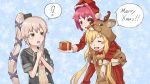  ! 3girls abukuma_(kantai_collection) animal_costume antlers blonde_hair blue_background blush carrying christmas closed_eyes commentary english grey_sailor_collar hands_together hat highres kantai_collection kihonakano kinu_(kantai_collection) long_hair merry_christmas multiple_girls piggyback redhead reindeer_antlers reindeer_costume sailor_collar santa_costume santa_hat school_uniform serafuku short_hair spoken_exclamation_mark star starry_background very_long_hair violet_eyes yura_(kantai_collection) 