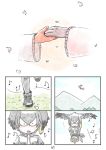  4koma basket cerulean_(kemono_friends) comic flying gloves grey_hair hand_holding head_wings highres japanese_crested_ibis_(kemono_friends) kemono_friends multiple_4koma murakami_rei musical_note page_number red_gloves shoebill_(kemono_friends) silent_comic 