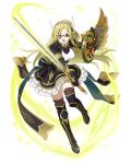  1girl armor armored_boots black_dress black_gloves black_neckwear blonde_hair boots breasts brown_legwear dress floating_hair full_body gloves green_eyes hair_ornament holding holding_shield holding_sword holding_weapon large_breasts layered_dress log_horizon long_hair look_(log_horizon) looking_at_viewer official_art one_leg_raised open_mouth pointy_ears red-framed_eyewear semi-rimless_eyewear shield short_dress solo sword thigh-highs transparent_background under-rim_eyewear very_long_hair weapon 